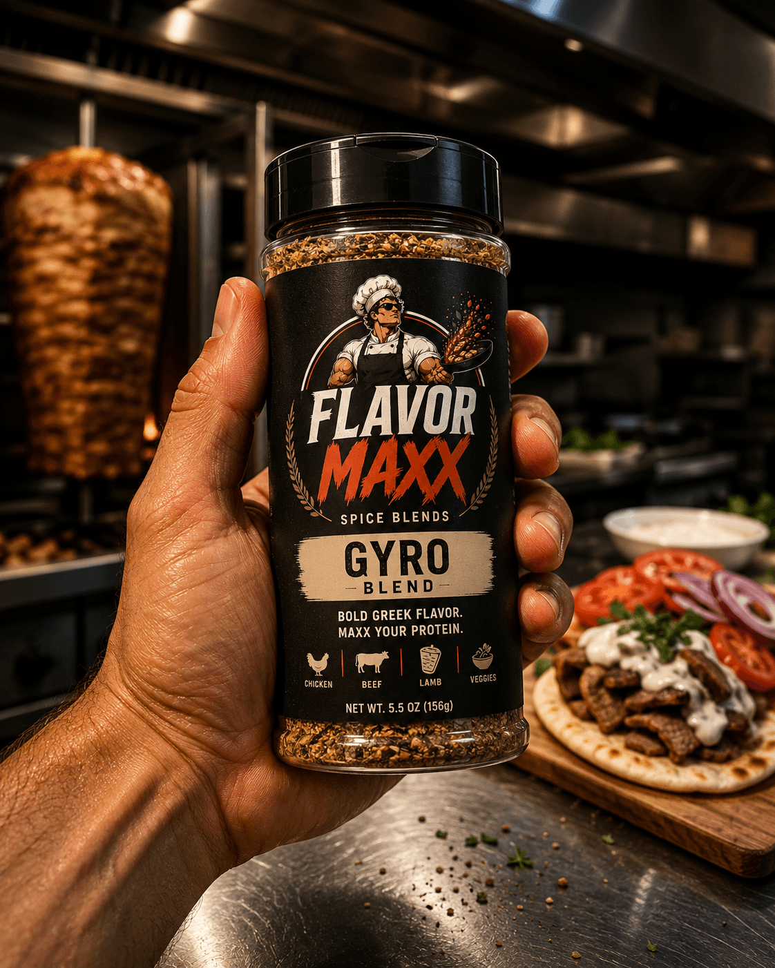 FlavorMaxx Gyro Blend spice bottle held in a kitchen
